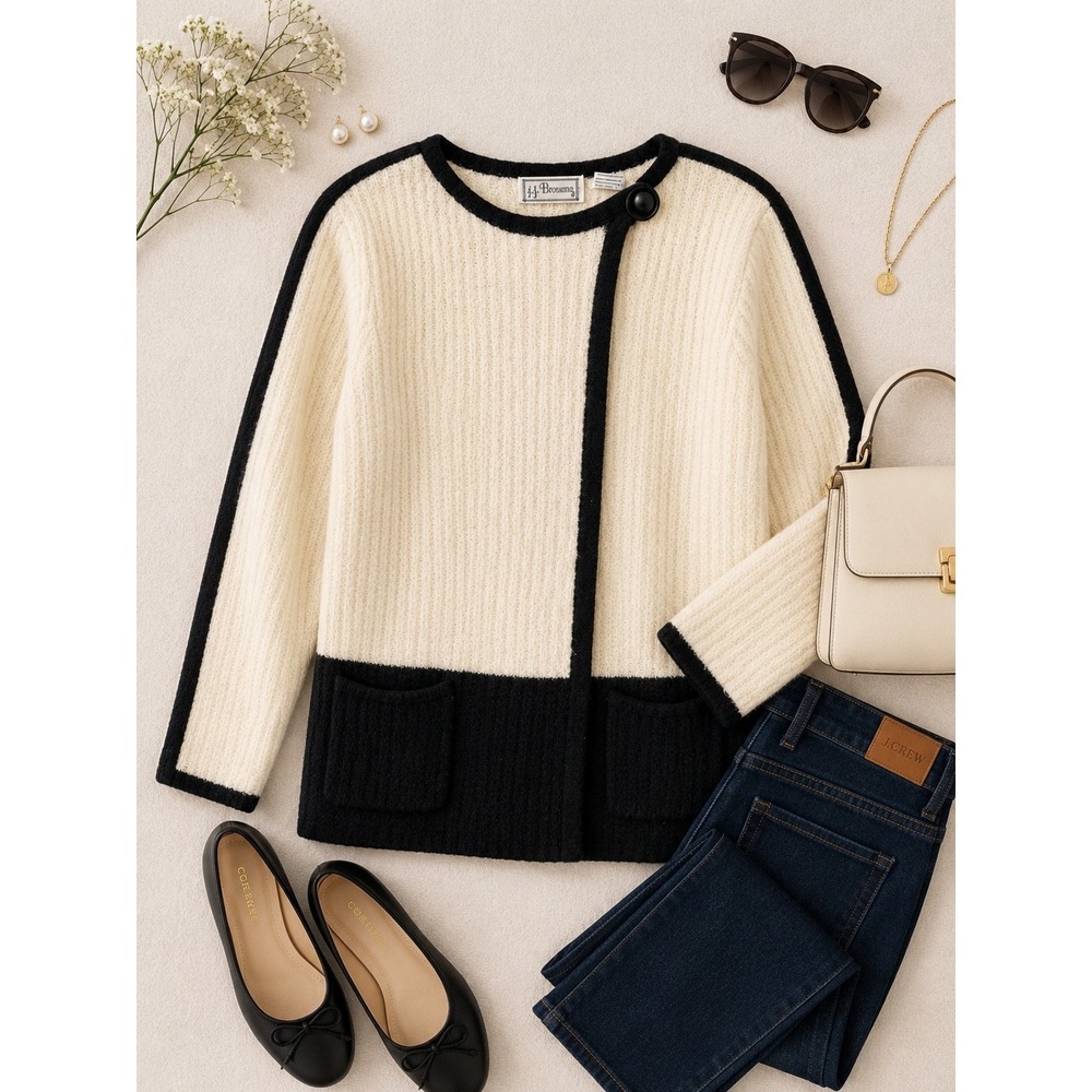 Vintage Sweater Cardigan Women M Cream Black Contrast Trim Chanel Parisian Chic